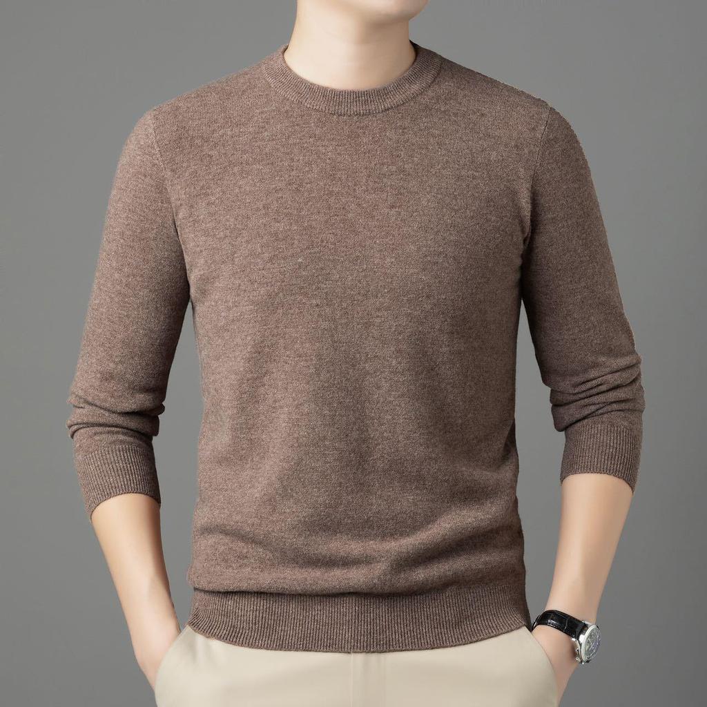Men's Pure Wool Round Neck Base Layer Sweater - Solid Color Versatile Knitwear for Autumn/Winter