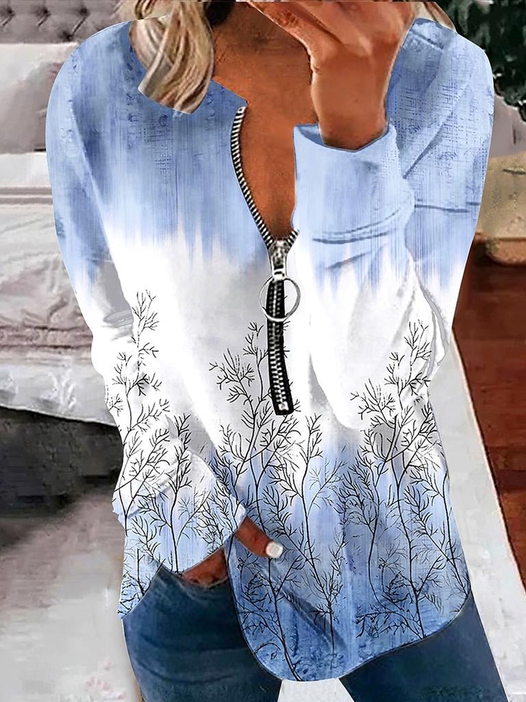 Women's T Shirt Floral Graphic Vintage Fashion Stylish Long Sleeve Crew Neck Regular Tops Daily Zipper Print Yellow Blue Green Spring Fall Winter