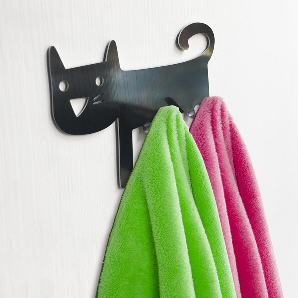 Stainless Steel Cute Cat Hook Wall Mounted Towel Hook Multipurpose Self-Adhesive Hook Practical Seamless Hooks Bath Robe Hook