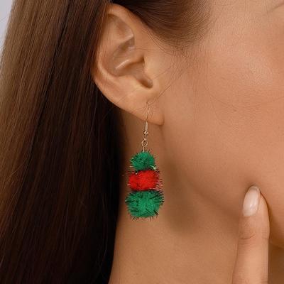 Festive Red & Green Pompom Earrings - Versatile Round Ball Ear Hooks for Christmas