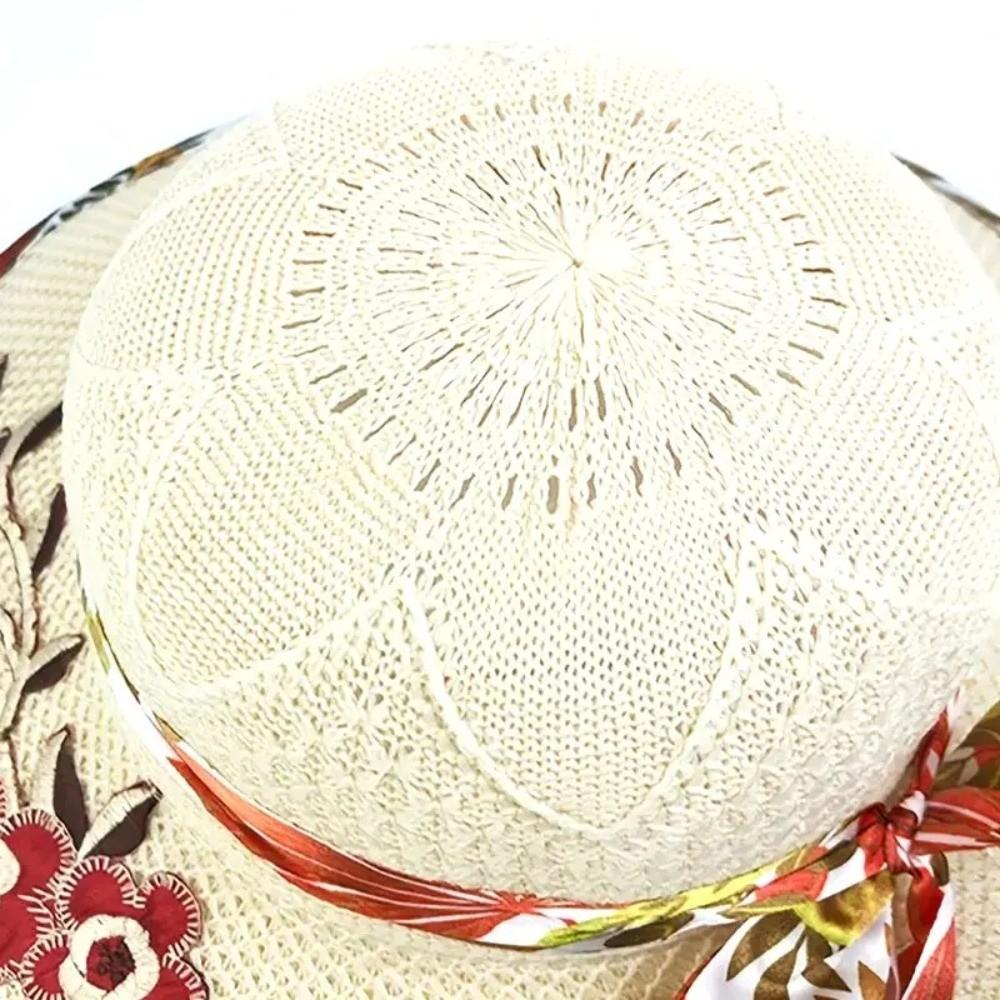 Foldable Flower Embroidery Hat Wide Brim Panama Hat New Straw Beach Cap  Outdoor Casual