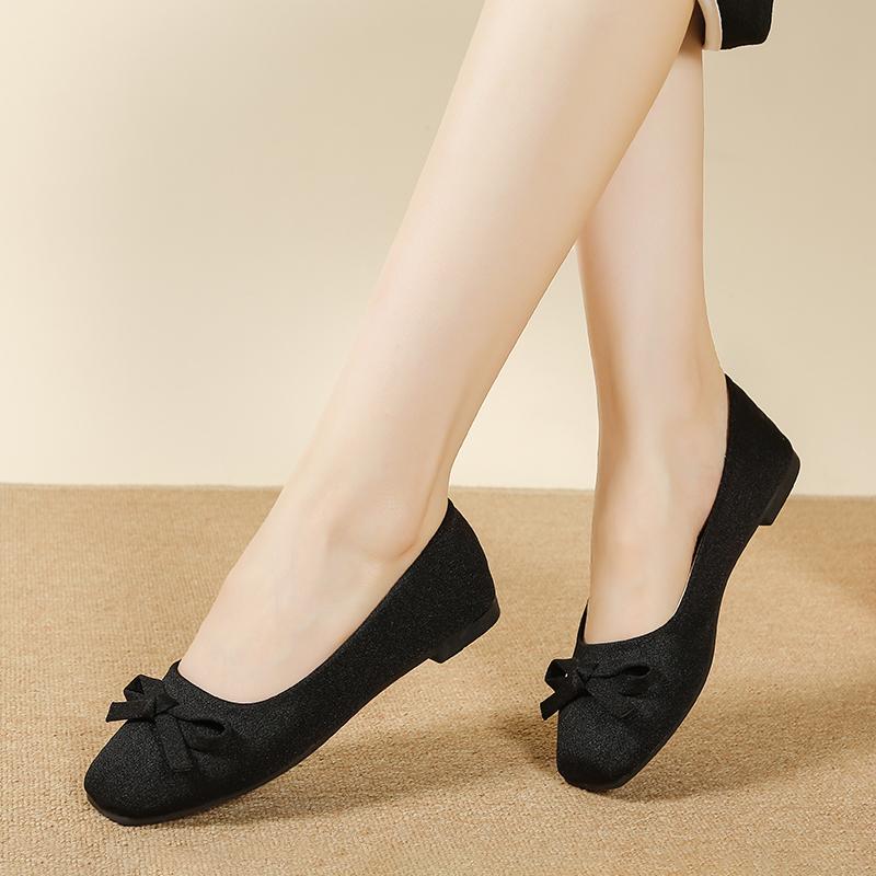 Plus Size 41 42 Low Heels Shoes for Woman Spring Autumn Square Toe Shallow Mouth Bow Soft Slip Non-Slip Women's Zapatos De Mujer