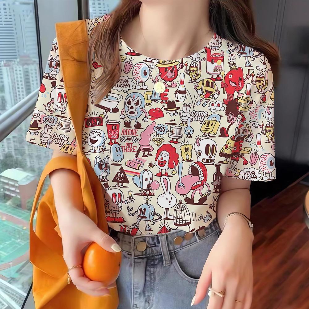 Summer Vintage Women's T-Shirt Short Sleeve Line Print Caual Crew-Neck Pullover Fashion Streetshirt Female Oversized Clothing