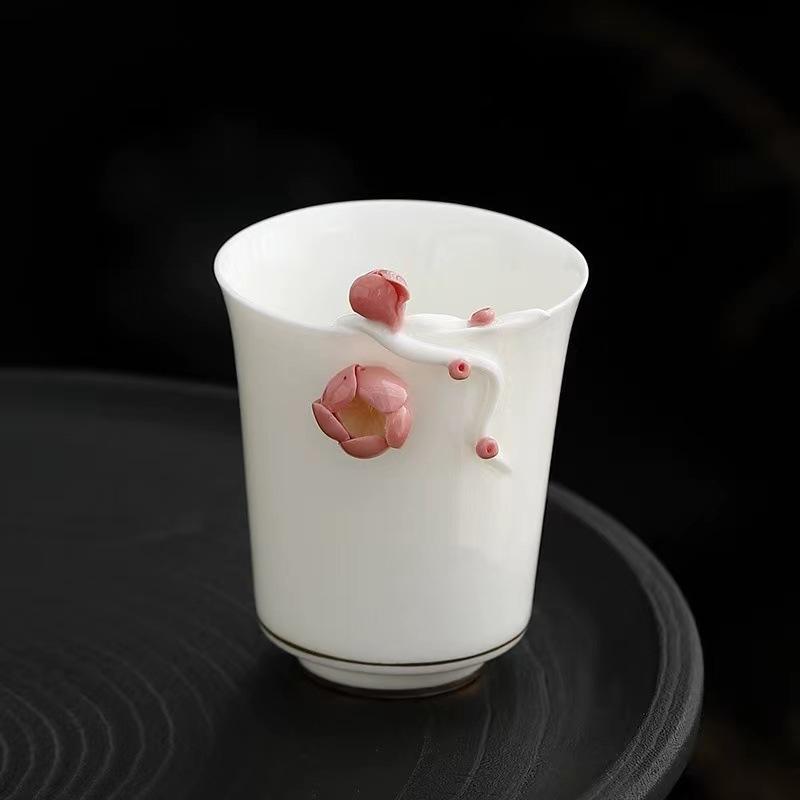 Handmade Floral Embossed Carved Relief Porcelain Tea Cup 80ml Chinese Kungfu Ceramic Cup for Ladies Holiday Gift