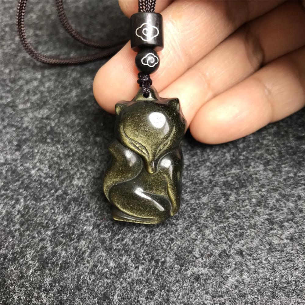 Obsidian Fox Crystal Pendant with Rainbow Eye - Gift for Best Friend