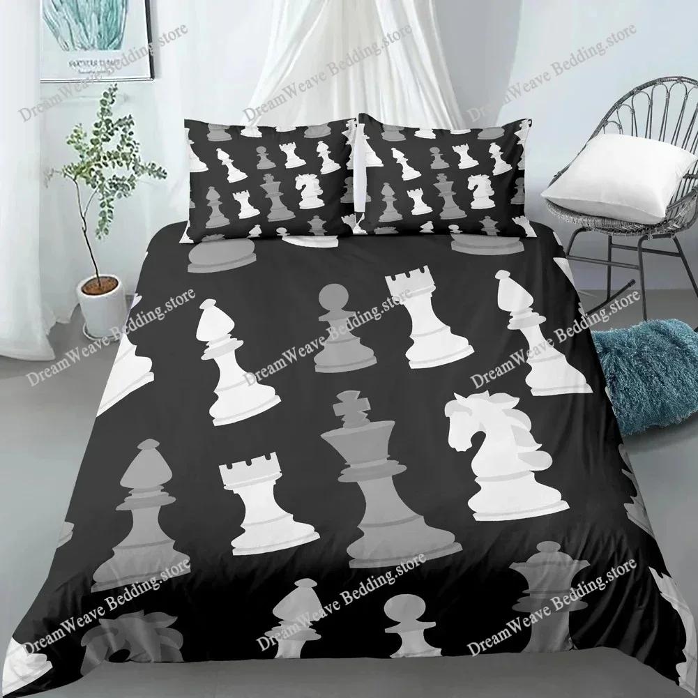 Chess Board Duvet Cover Set 3D Print International Chess Black White Comforter Cover for Boys Girls Polyester Bedding Set
