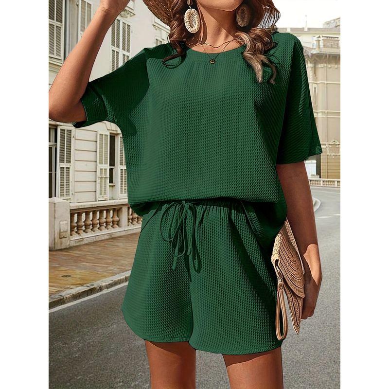 round Neck T-shirt Loose Shorts Set Pure Color Crew Neck T-shirt Loose Shorts Suit