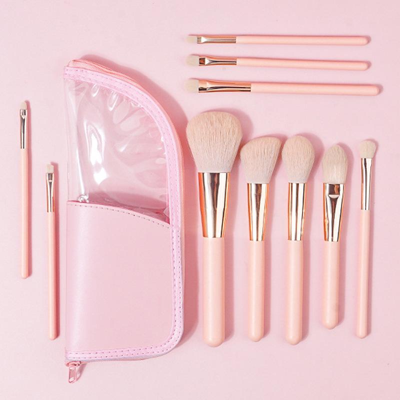 10-Piece Soft Bristle Makeup Brush Set with Zipper Case - Includes Eyeshadow, Powder, and Portable Brushes.