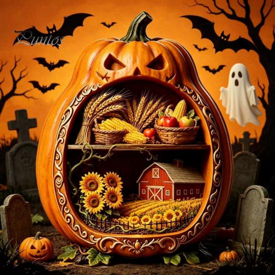 Indoor Halloween Ornaments Centerpiece Pumpkin, Wooden Pumpkin Ornament with Miniature Scenes, Rustic Unique Table Centerpieces Skeleton for Farmhouse
