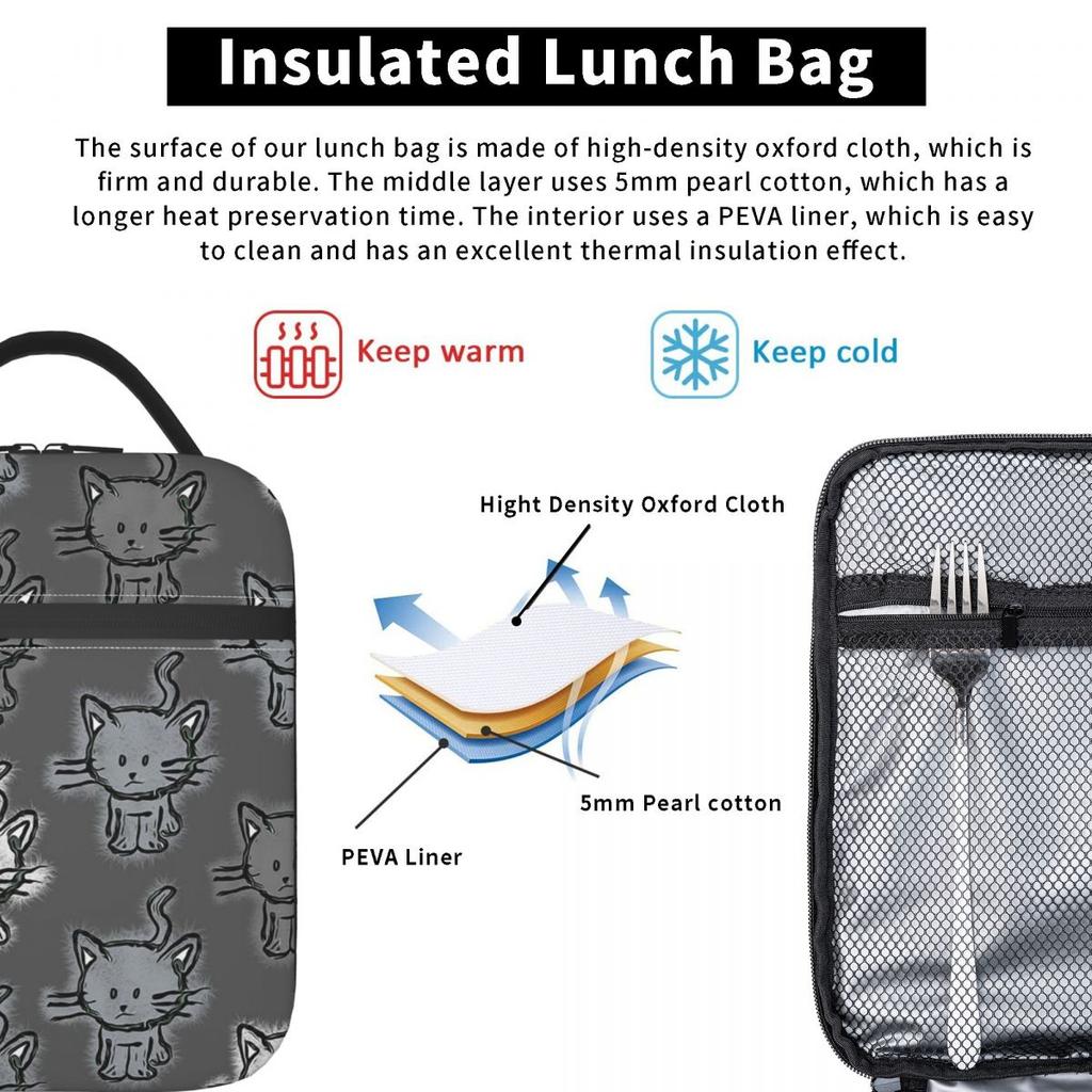 Cartoon Graues Kätzchen Muster Isolierte Lunchtasche für Damen Kinder Auslaufsichere Lebensmittelboxen Thermische Lunchbox Tragetasche