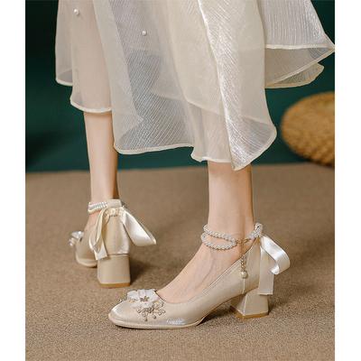 Square Head High Heels Thick Heel Mary Jane Shoes New Red Wedding Shoes Bow Pearl Medium Heel Single Shoes