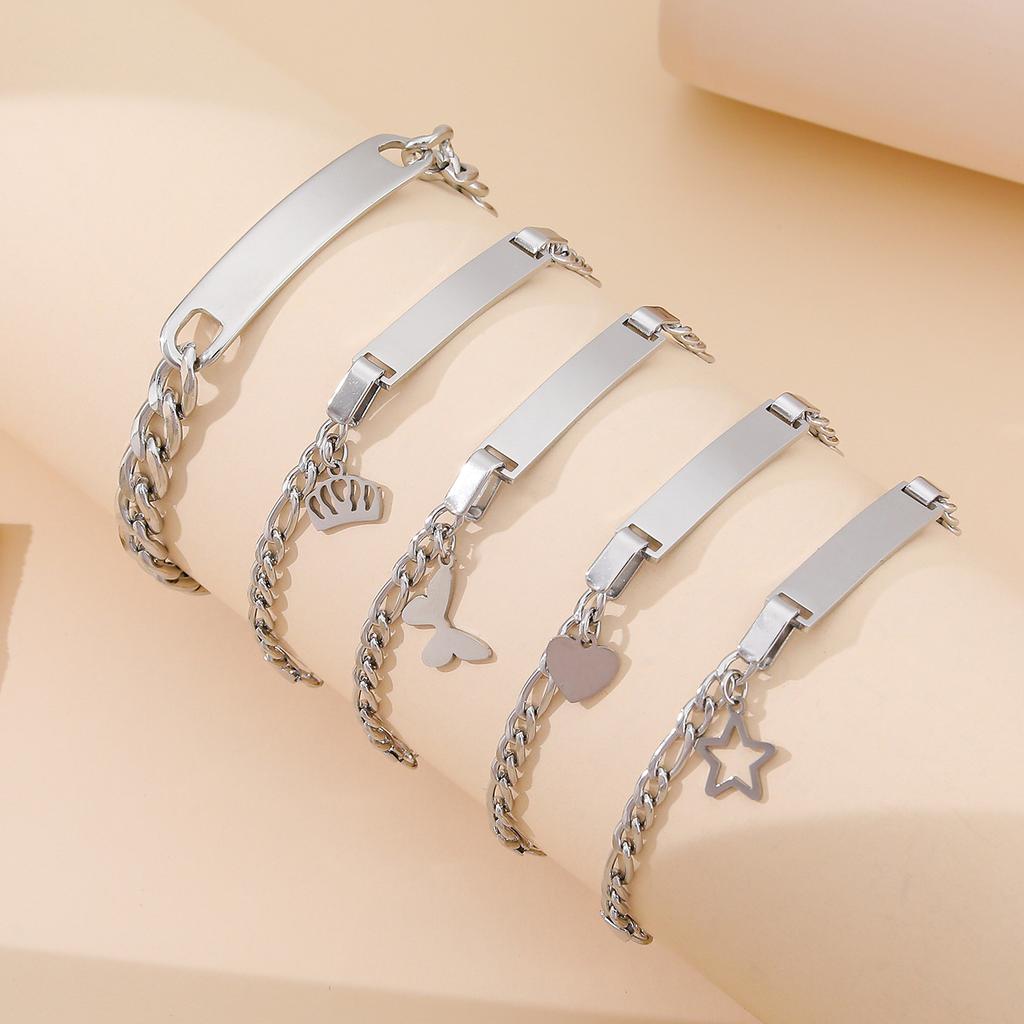 Stainless steel butterfly, crown, heart bracelet, couple bracelet, DIY personalized, smooth curved long bracelet, accessories
