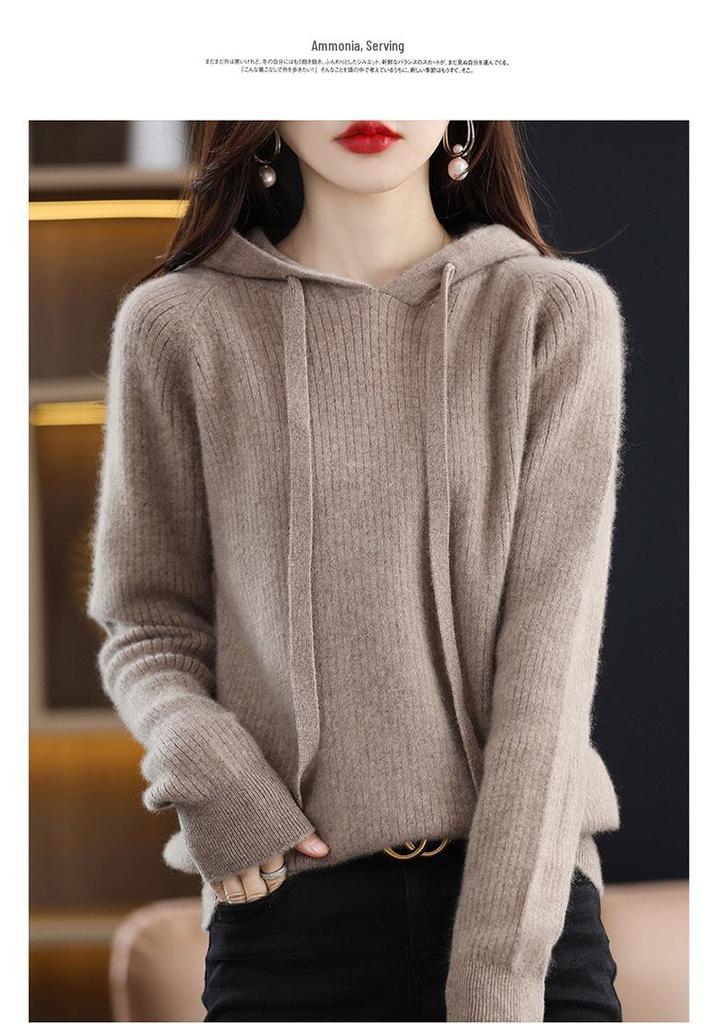 Women's 100% Cashmere Wool Hooded Sweater: Cozy Autumn/Winter Knitwear with Large Hood, Plus Size Options Available.