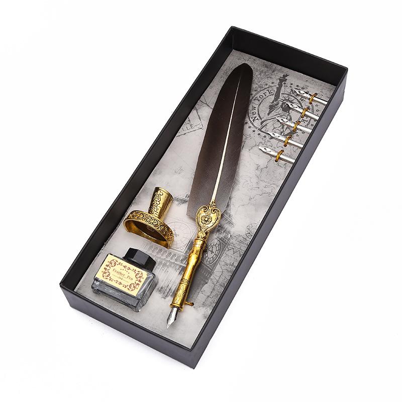 Black Ink Vintage Wedding Gift Signature Pen Office School Accessories Feather Quill Ballpoint Pen серый