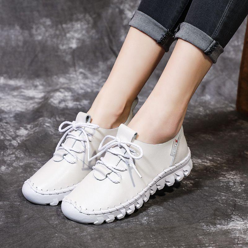 Handmade Genuine Leather Women Shoes Casual Sneakers Retro Flats Ladies Lacing Loafers Breathable Vulcanized Shoe Red 42