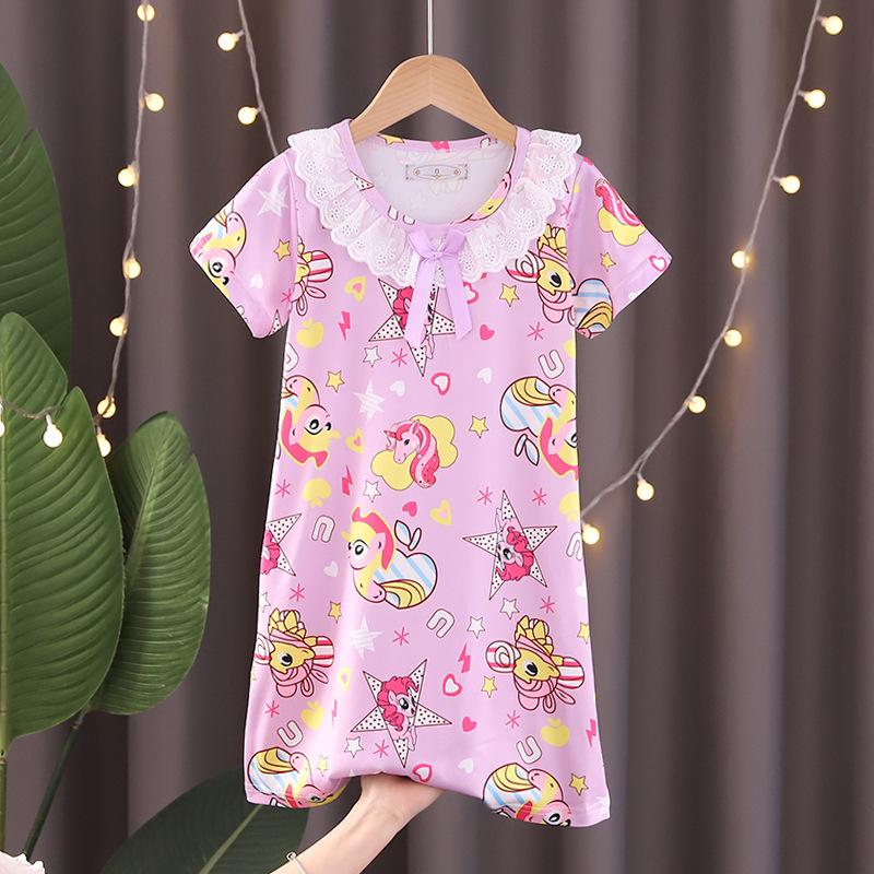 Lace Short Sleeve Cartoon Nightgown for Girls - Summer Pajamas