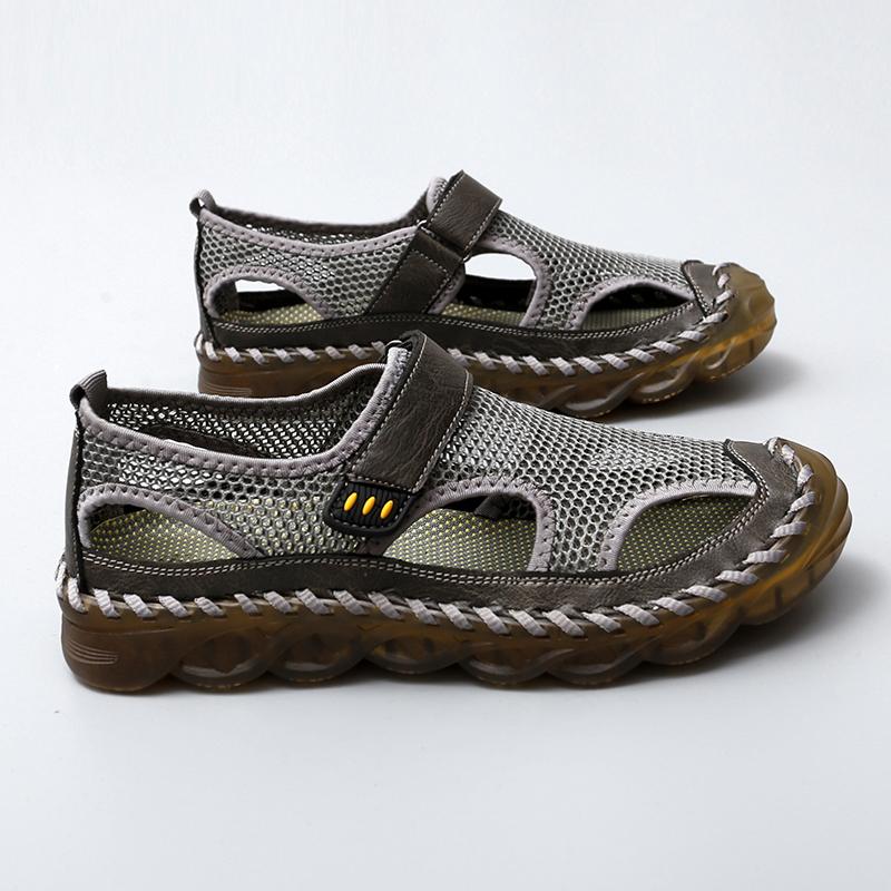 

Fashion Summer Men s Sandals Large Size 47 Comfortable Beach Outdoor Non Slip Platform Sandals Handmade Genuine Leather Mesh Fabric 38 серый