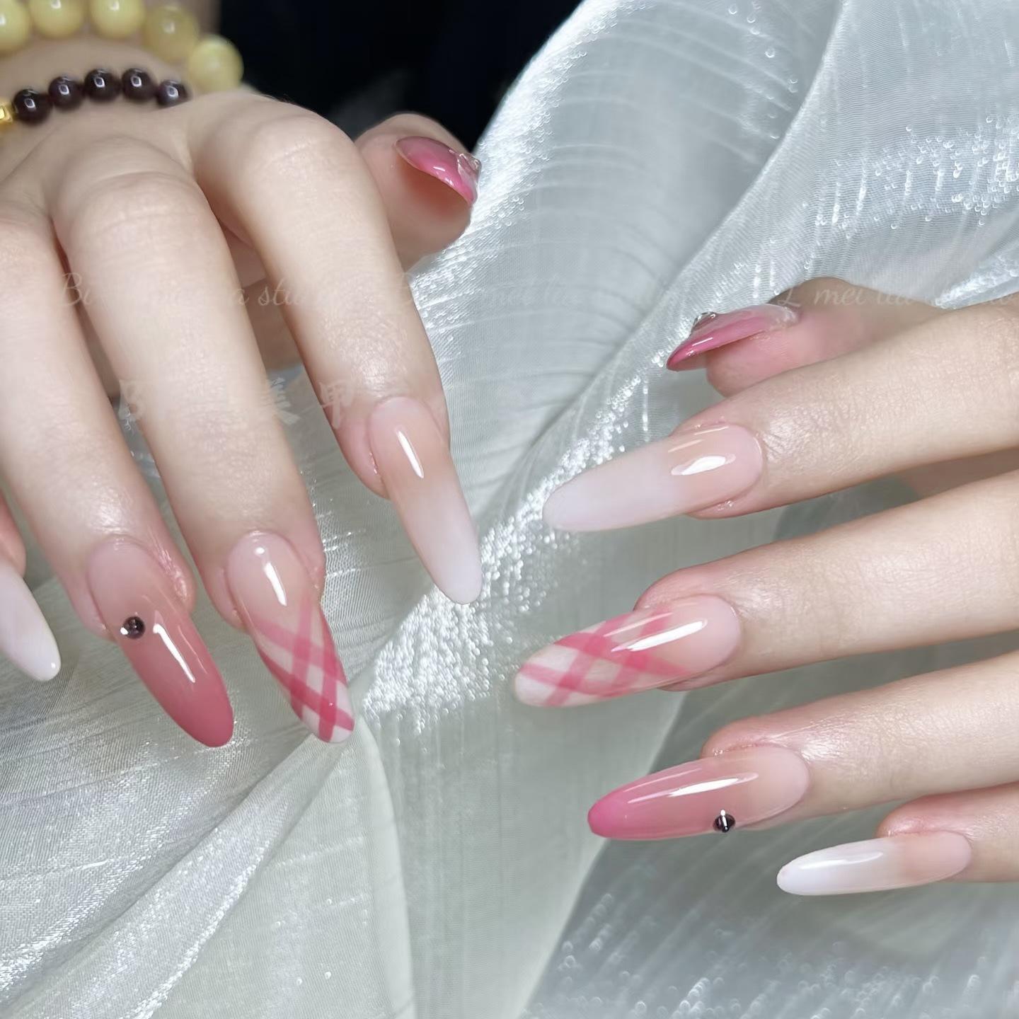 

Spring Pink Gradient Plaid Press-On Nails - Long, Tender Korean Style Nail Art