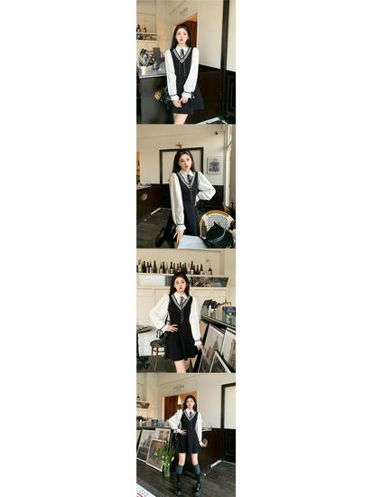 2025 Spring Arrival: Curvy Fit Polo Collar Dress with Bell Sleeves & Color Block Design – Elegant Short Skirt