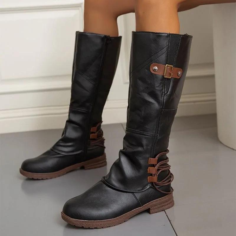 Fashion Autumn and Winter New Knee High Boots for Women Leather Square Low Heel High Boots Roman Style Belt Buckle Long Botas