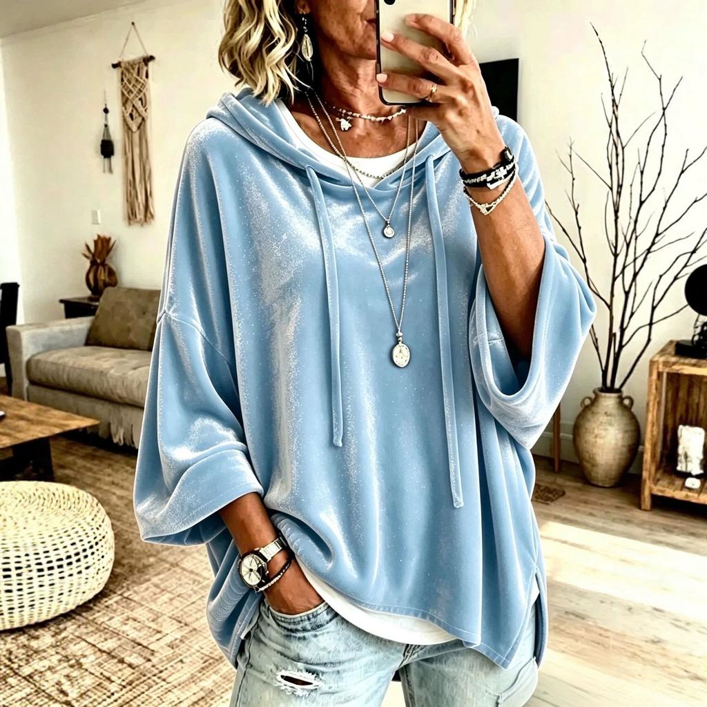 Women's Casual Velvet Hooded Top with Three-Quarter Sleeves Color