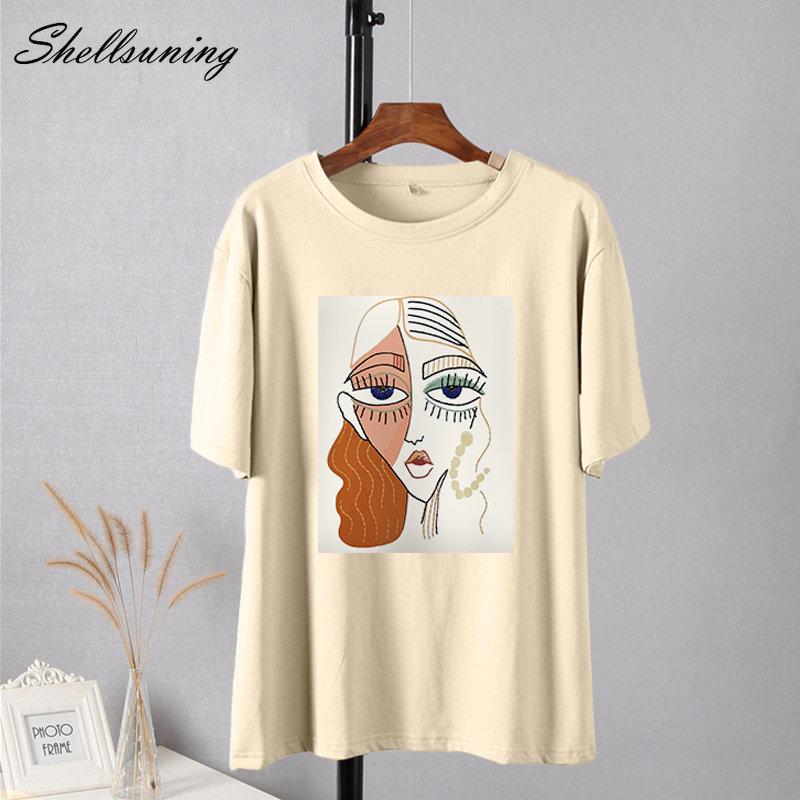 Shellsuning Summer Retro Character Printed T Shirts Women Korean Graphic Trendy Tees Loose Casual Short Sleeve Female Tops