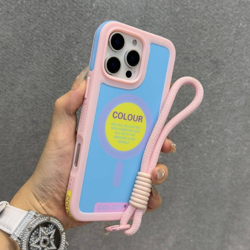 Strap Lanyard Contrast Color Magnetic For Magsafe Case For iPhone 15 14 16 Pro Max Wrist Strap Rope Soft Bumper Shockpoof Cover