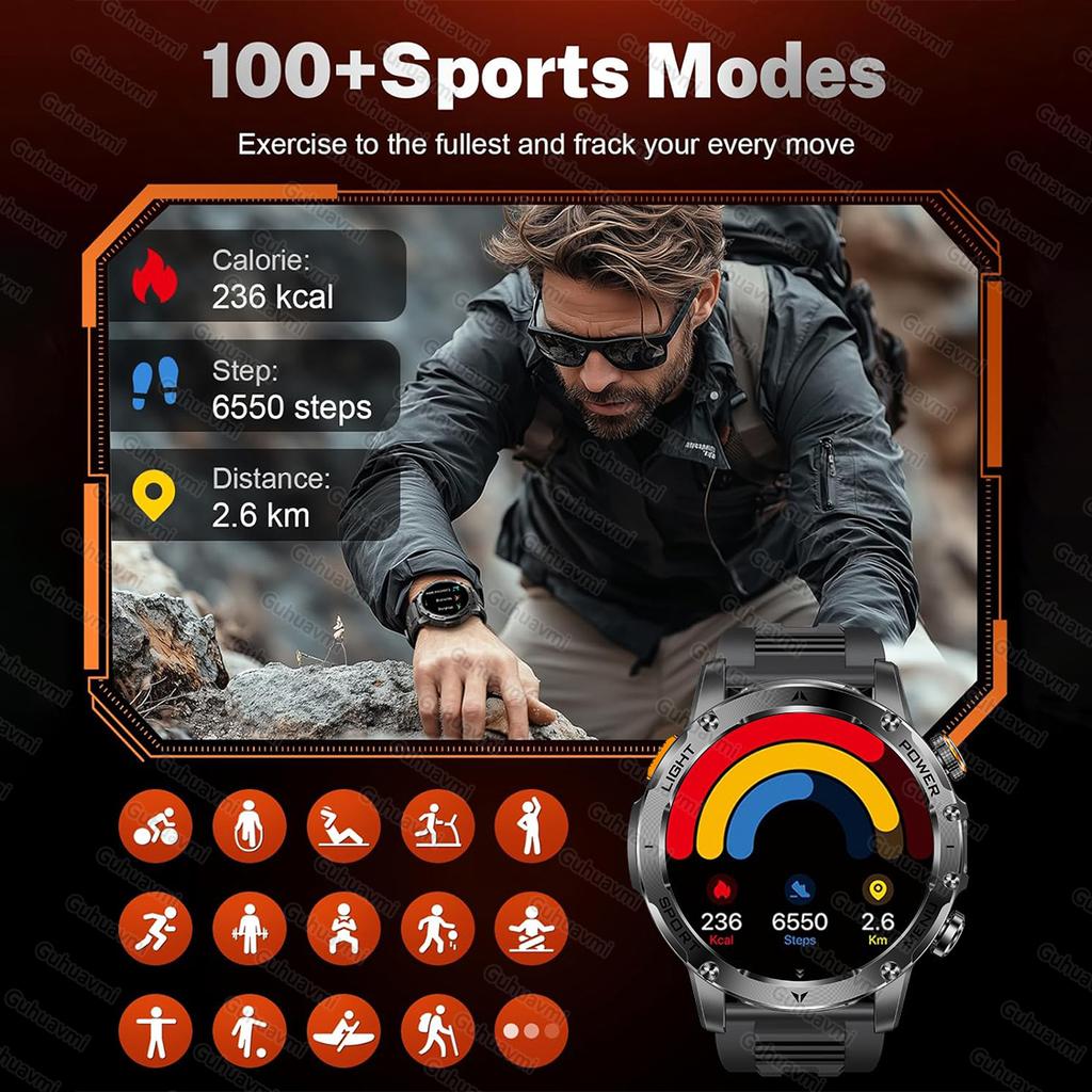 New Men Military Outdoor Sports Smart Watch 1000mAh Battery 5ATM Waterproof LED Flashlight Heart Rate Fitness Smartwatches