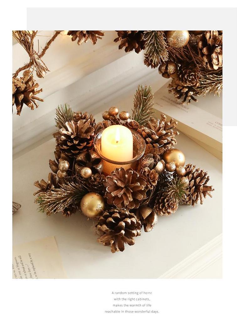 Set Candeliere Ghirlanda di Natale in Pigne Vintage e Polvere d'Oro