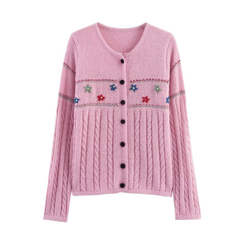 Kaslead New Women Clothes Western Style Fashion Simple and Versatile Loose Embroidery Flower Knit Cardigan