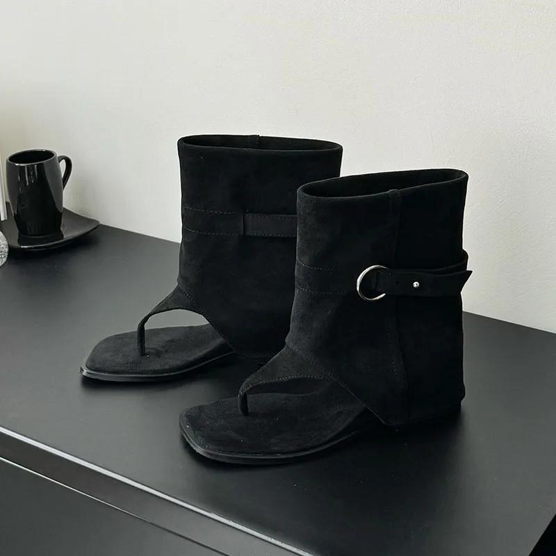 Suede Fashion Summer Boots Women Open Toe Street Style Ladies Sandals Footwear Belt Buckle Flip Flops Female