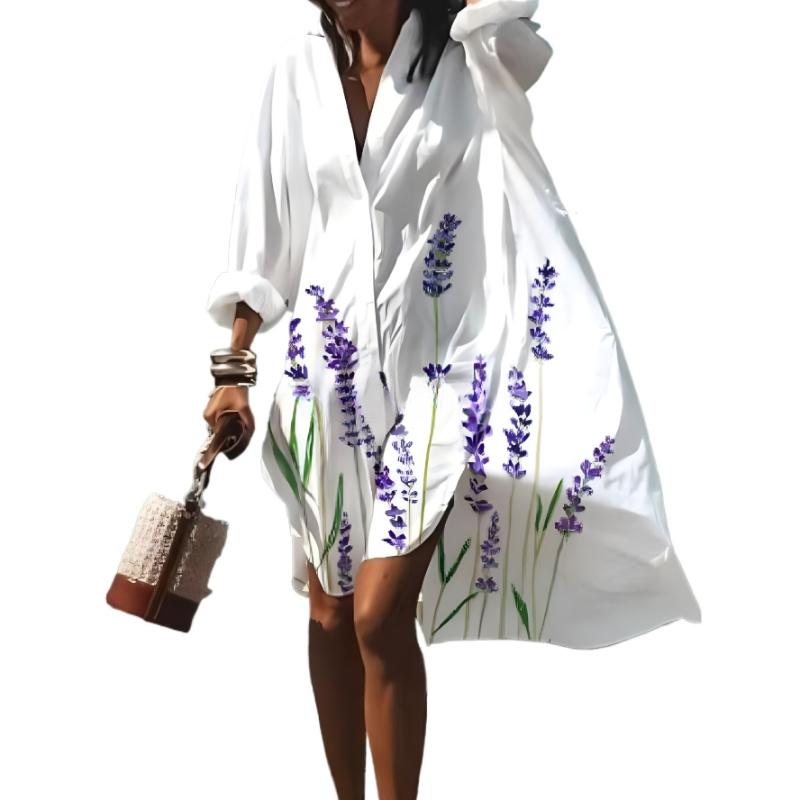 Spring or Summer Chic Ladies's Loose Casual Long Sleeve Shirt Dress Elegant Ladies's Casual White Print Lapel Single Breasted Dress