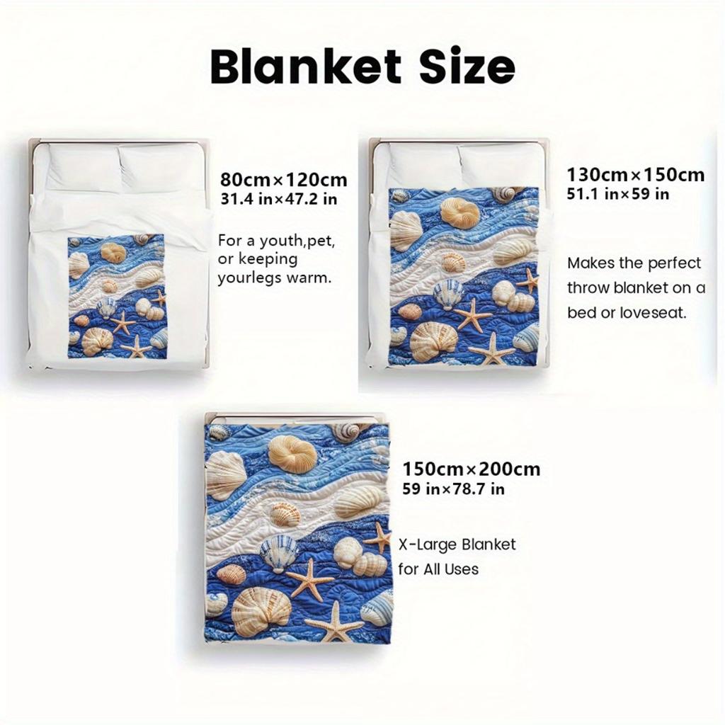 1 Stück Muschel Seestern Meereswellen gesteppte Flanelldecke Küsten Deko weiche Bettdecke Strand Thema Geschenk für Kinder Erwachsene