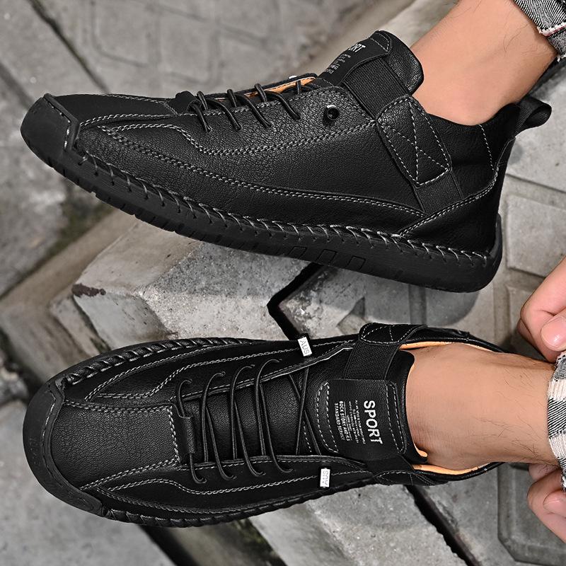 Men's Plus Size Casual Leather High-Top Work Shoes, Non-Slip Genuine Leather Handmade Shoes for Middle-Aged Dads.