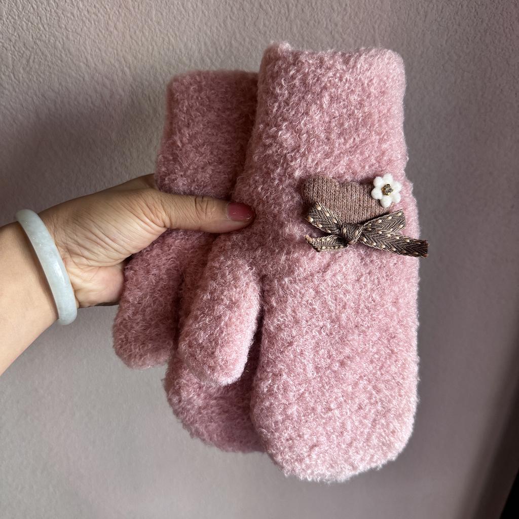 Cute Plush Mittens Fashion Winter Warm Full Fingers Gloves Sweety Bow Women Outdoor Thicken Knitted Windproof Gloves Girls Gift