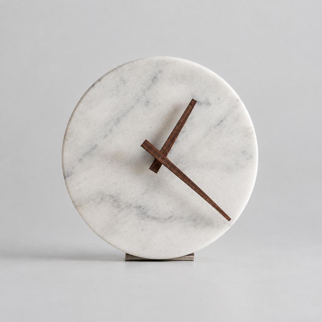 Decorative Table Clock Compact Round Marble Face Small Timepiece for