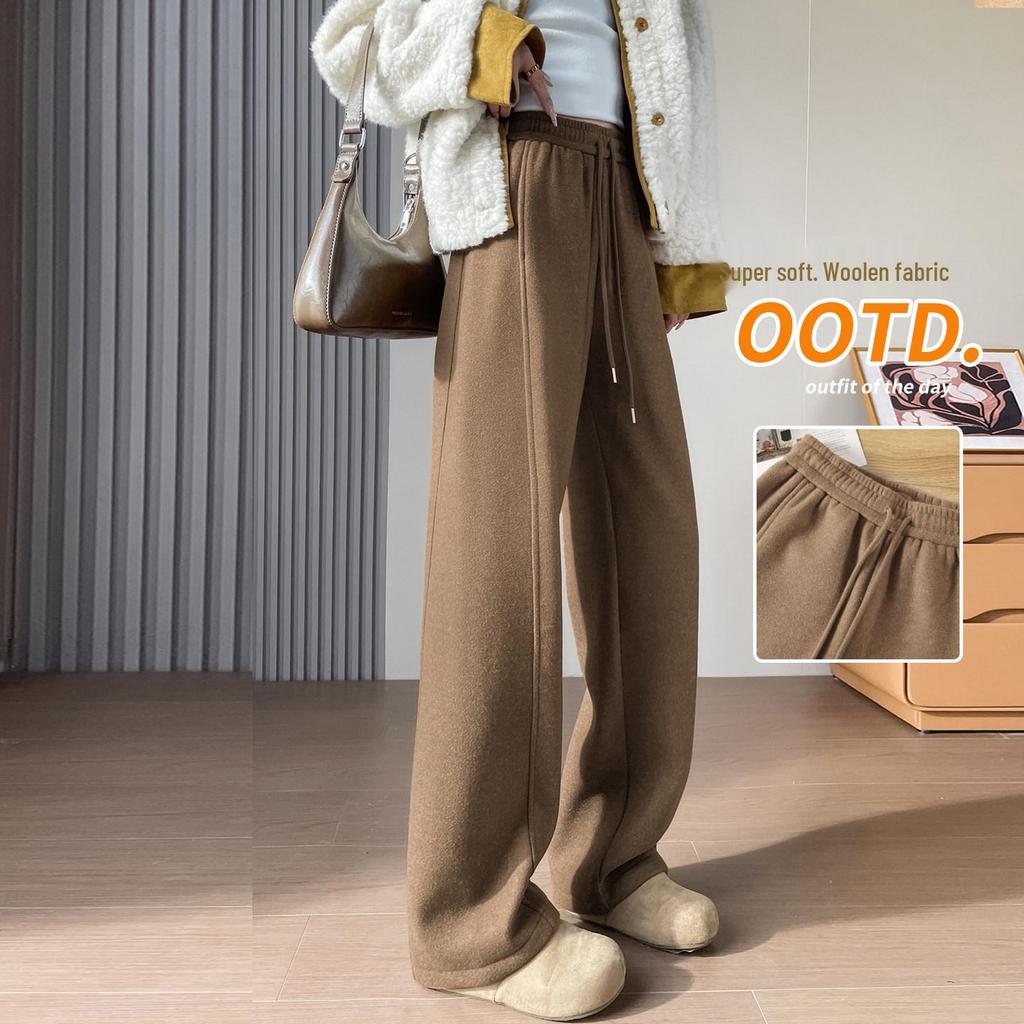 Women's High-Waisted Woolen Wide-Leg Pants - Plus Velvet Thickened, Loose, Casual, Autumn/Winter, Slimming, Straight-Leg Sweatpants
