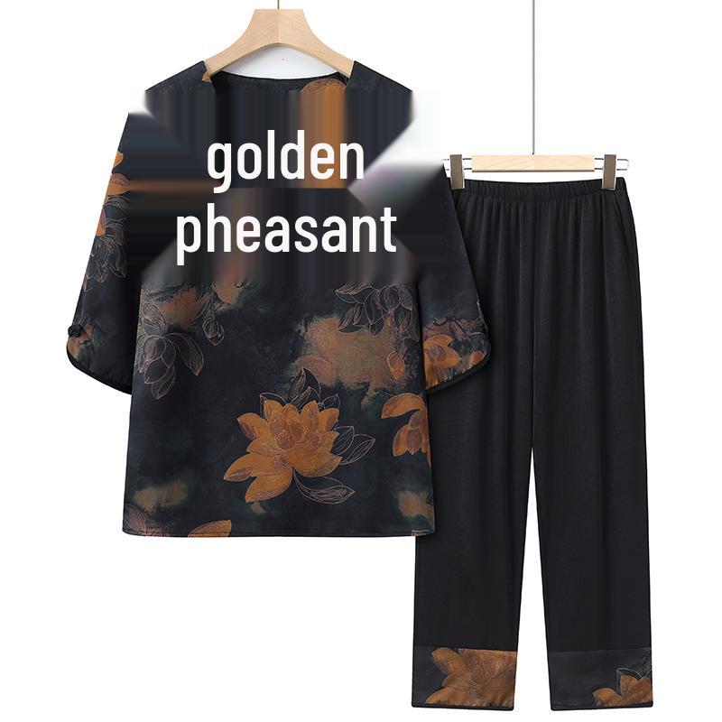

Summer Grandma Style Two-Piece Set: Short/Mid-Sleeve Outfit for Middle-Aged & Elderly Women, 70s-80s Fashion. XL (80-100 lbs)