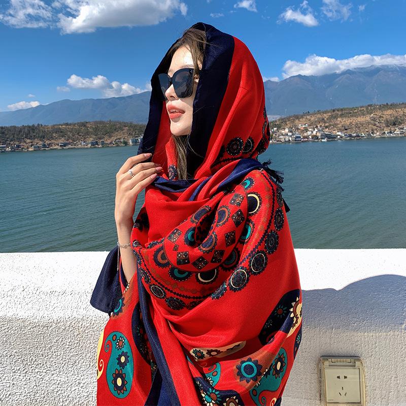 Summer ethnic style Yunnan shawl scarf sunshade sunscreen travel beach scarf silk scarf breathable shawl scarf 175cm and above