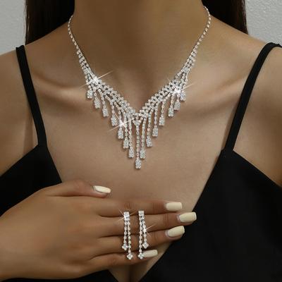 Conjunto de Colar e Brincos Longos com Franjas e Zircônia para Mulheres, Design de Moda, 3 Peças, Presente para Casamento, Banquete, Festa, Feriado