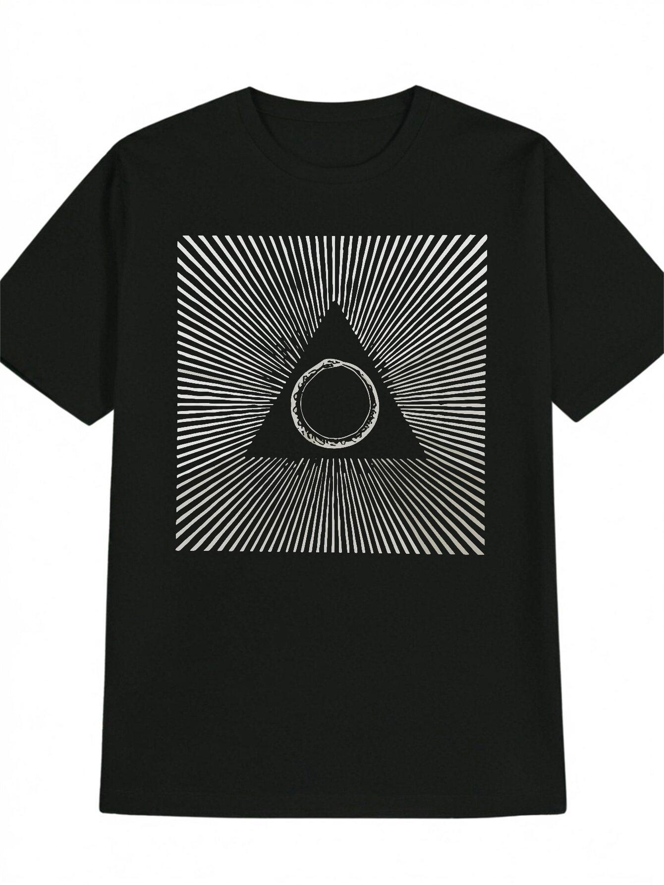 

Summer Casual Crew Neck Polyester Graphic T-shirt - Black with White Geometric Design M