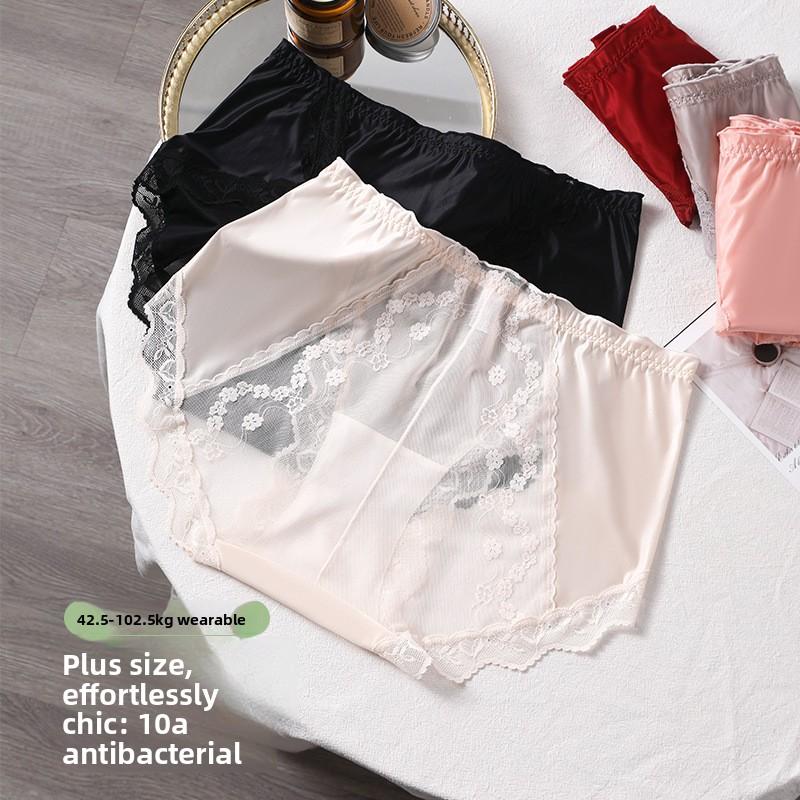 Large Size Female Summer Light Luxury Satin Sexy Lace Antibacterial Extended Crotch Triangle Briefs