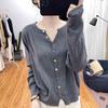 Womens Lightweight Knit Cardigan Sweater Loose Fit Solid Color Round Neck Button Front Open Top