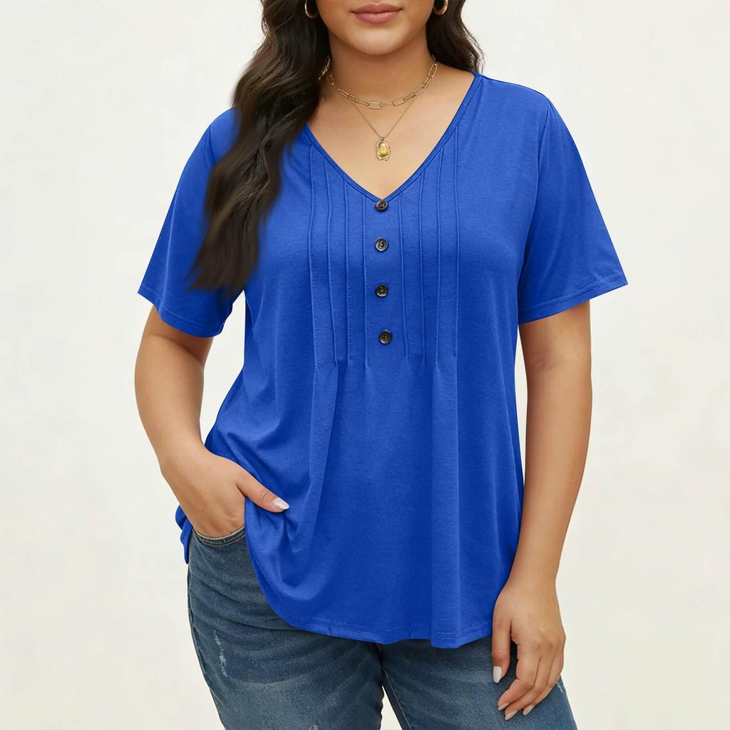 Women's Plus Size Fashionable Casual Loose-Fit V-Neck Button-Down Short-Sleeve Top