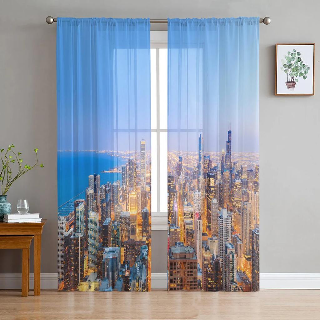 Manhattan City Night View Skira gardiner för vardagsrumsdekoration Tyll Voile Organza Fönstergardiner för kök sovrum