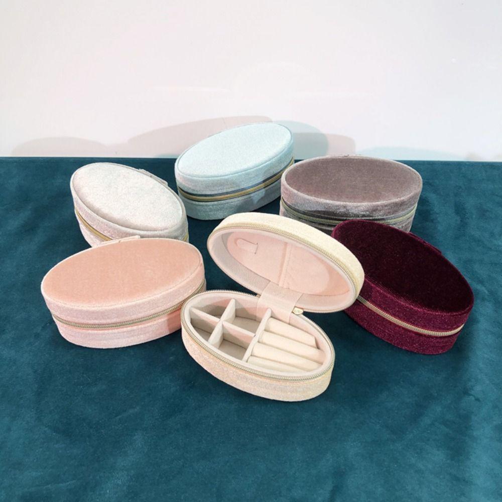 Oval Shape Velvet Jewelry Display Box Divided Compartments Travel Jewelry Case Wedding Gift