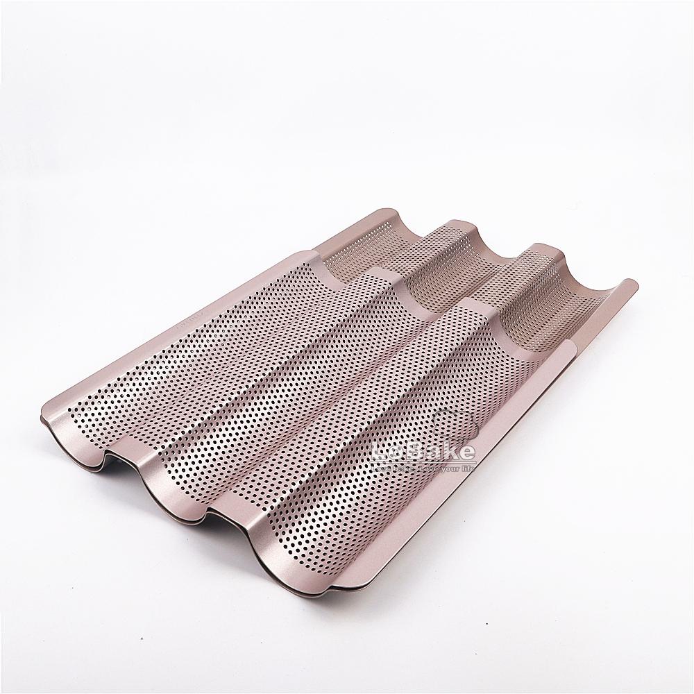2 Sizes 3 Well Champagne Gold Colour Nonstick Coating Perforated Baguette Tray Pan French Bread Mold Baking Equipment