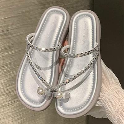 Fashion Luxury Bling Crystal Design Brand Flat Slippers Women Elegant String Bead Narrow Band Flip Flops Summer Comfort Beach Sandals