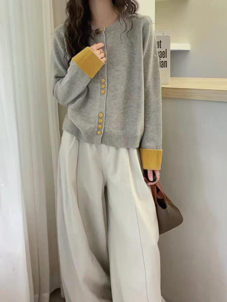 Damen Retro Wollstrick-Cardigan im koreanischen Stil - Einreiher, Weich, Flauschig, mit Patchwork-Bündchendesign für Herbst/Winter 2026.