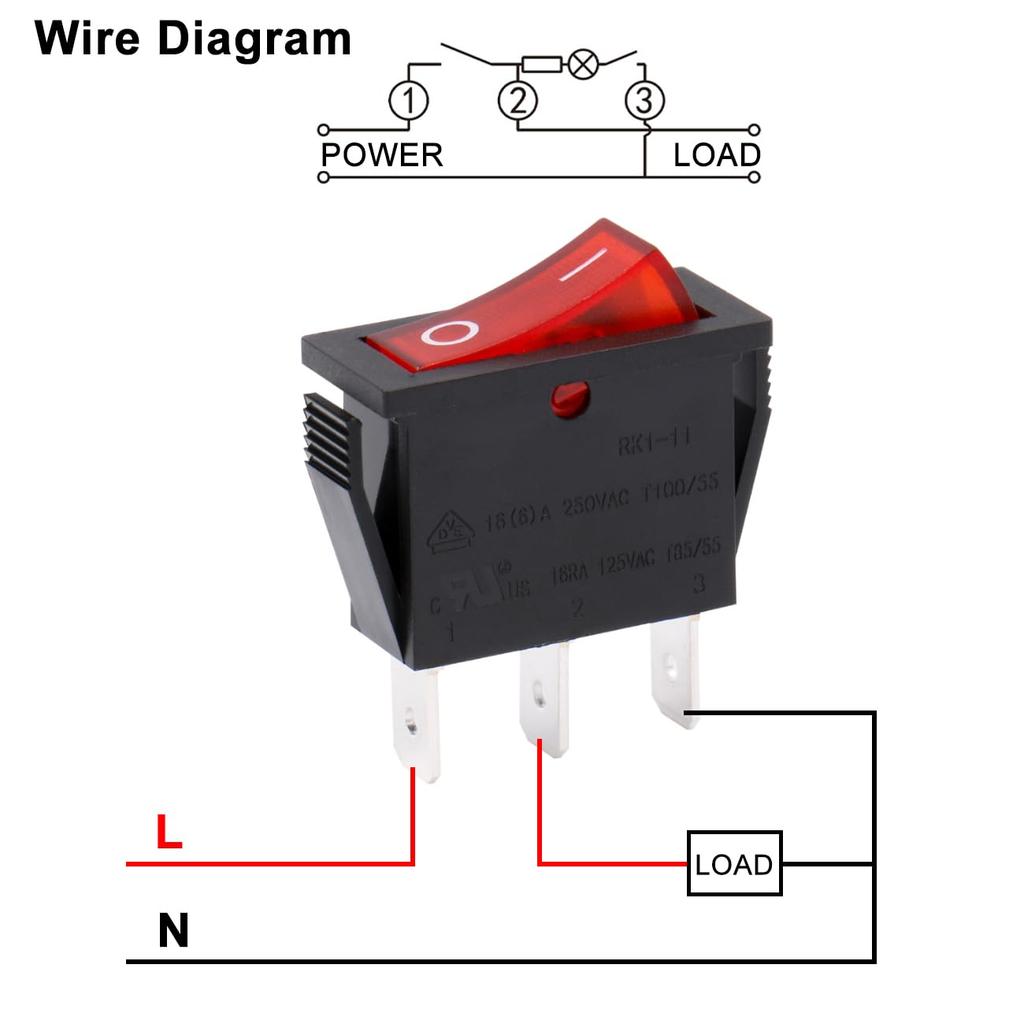 Heschen Rocker Switch ON-Off SPST 3 Terminals Red Light 16A 250VAC 5Pack